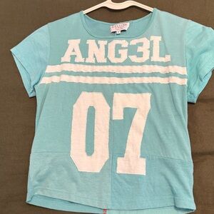 Aqua Graphic Tee with White 'ANG3L 07' Print